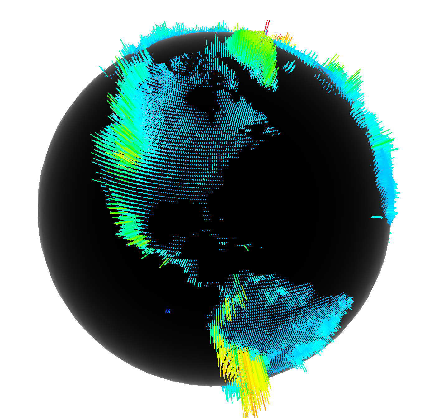 An abstract globe view from space with lighter green colors where the population is higher